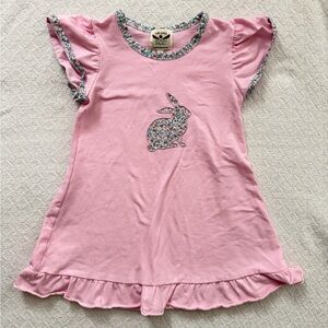 The Oaks Apparel Easter Floral Appliqué Bunny Pink Dress with Flutter Sleevs